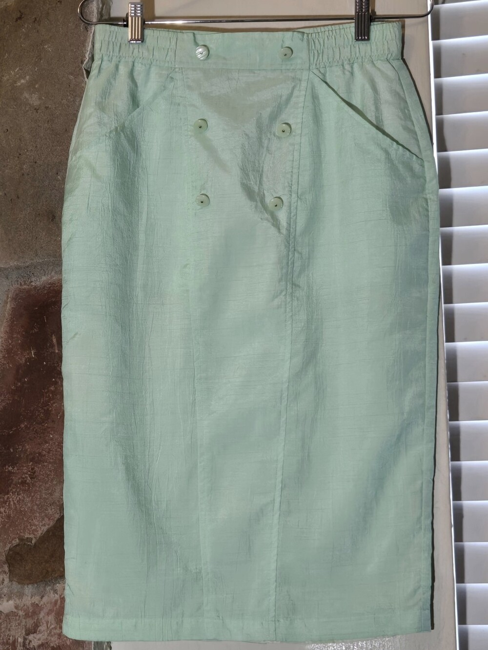 80’s vintage shantung Mint Pencil Skirt with Button detail